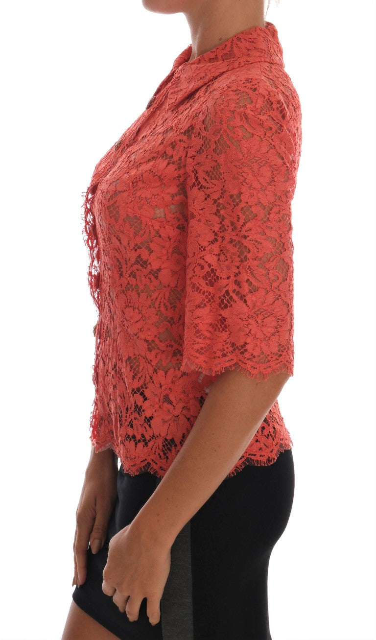 Dolce & Gabbana – Orangefarbene Bluse mit Blumenspitze und Kristallknöpfen
