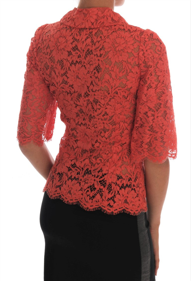 Dolce & Gabbana – Orangefarbene Bluse mit Blumenspitze und Kristallknöpfen