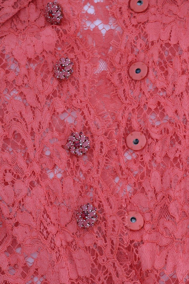 Dolce & Gabbana – Orangefarbene Bluse mit Blumenspitze und Kristallknöpfen