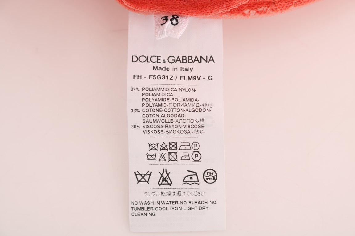 Dolce & Gabbana – Orangefarbene Bluse mit Blumenspitze und Kristallknöpfen