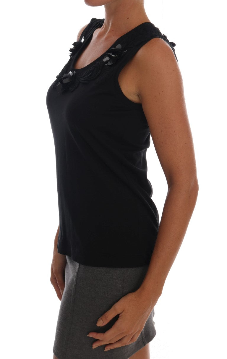 Dolce & Gabbana – Schwarzes Tanktop aus Baumwolle mit Blumenmuster und Kristallen