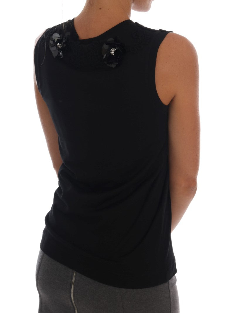 Dolce & Gabbana – Schwarzes Tanktop aus Baumwolle mit Blumenmuster und Kristallen
