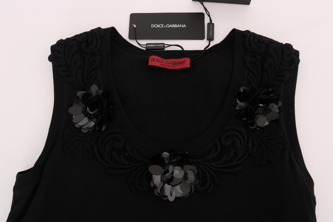 Dolce & Gabbana – Schwarzes Tanktop aus Baumwolle mit Blumenmuster und Kristallen