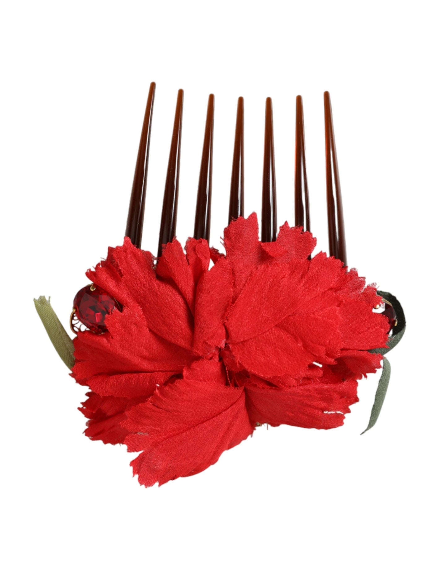 Dolce & Gabbana – Haarkamm aus roter Seide mit Blumenmuster und goldenem Messing für Damen