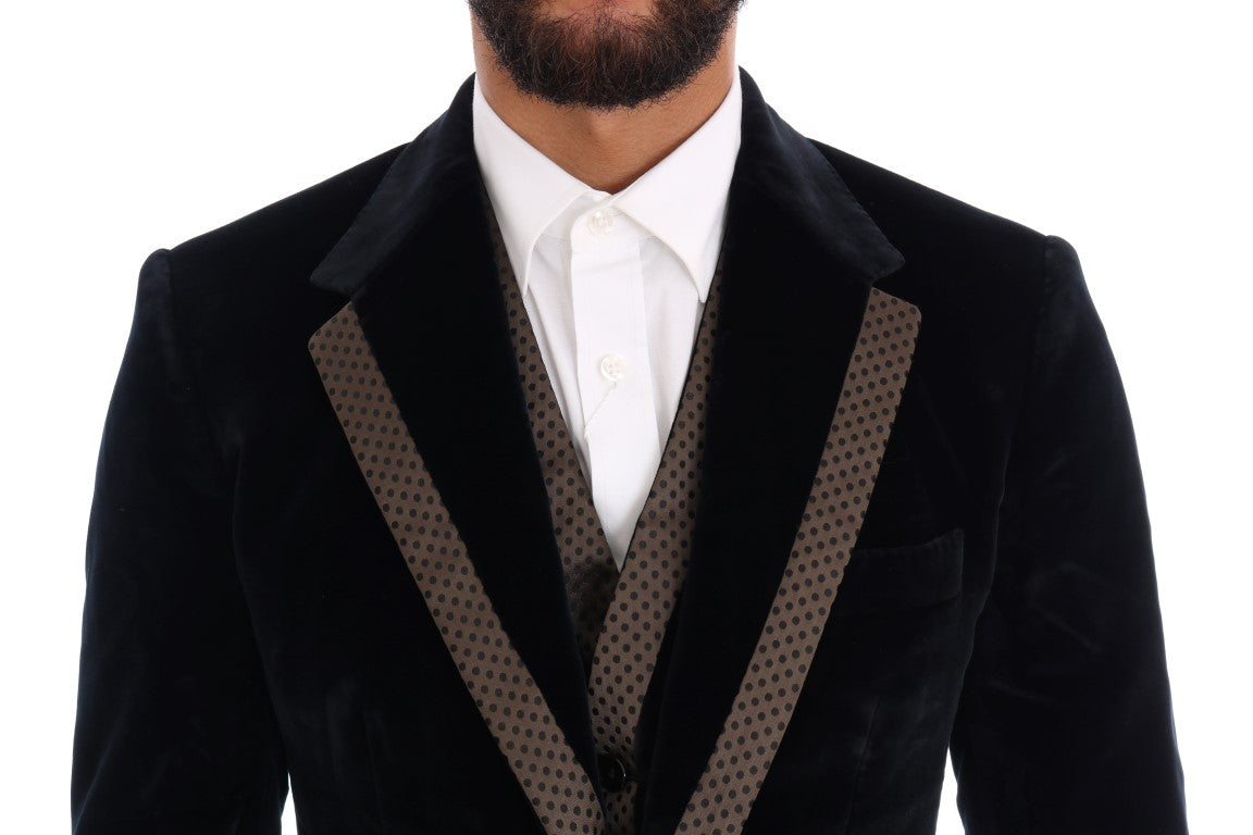 Dolce & Gabbana – Schmaler, dreiteiliger Anzug aus blauem Samt mit zwei Knöpfen
