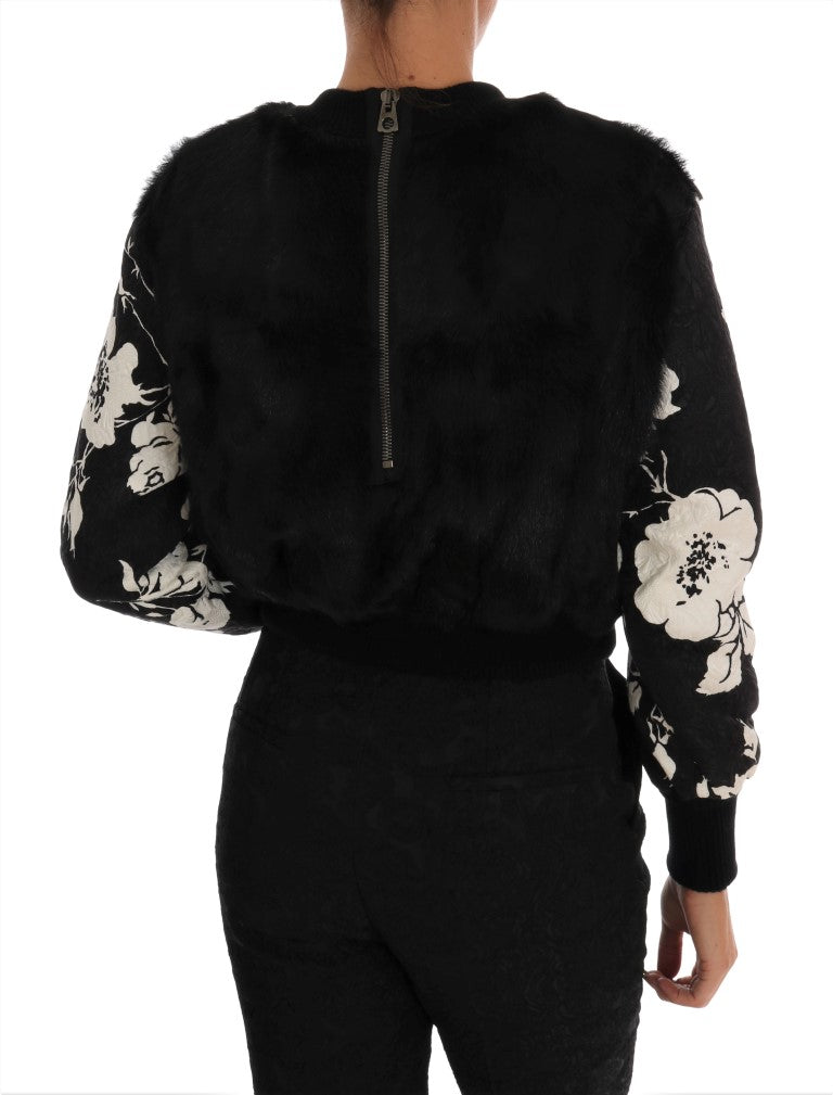 Dolce & Gabbana – Schwarzer Pullover mit Reißverschluss aus Brokat mit Blumenmuster und Pelz