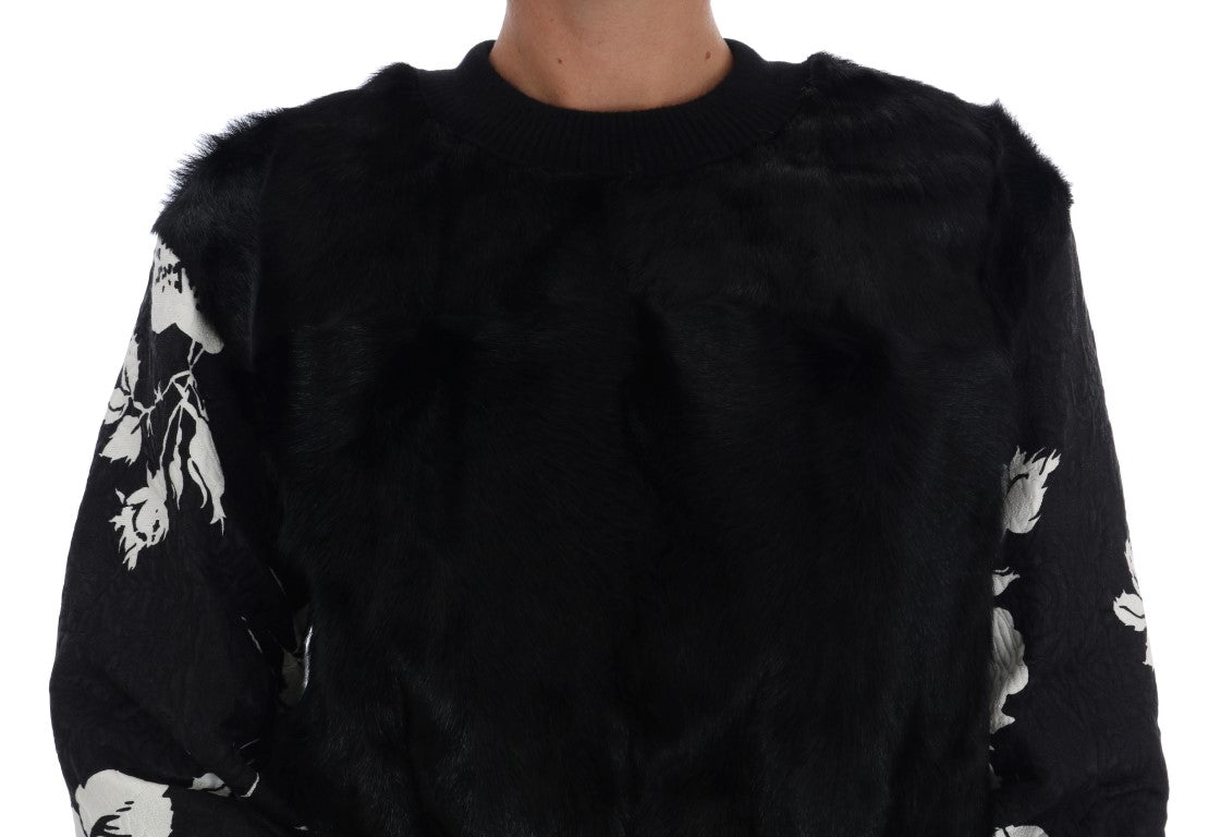 Dolce & Gabbana – Schwarzer Pullover mit Reißverschluss aus Brokat mit Blumenmuster und Pelz