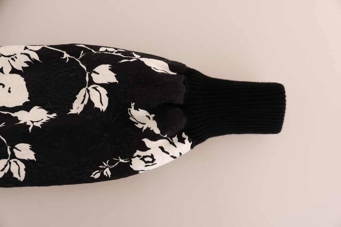 Dolce & Gabbana – Schwarzer Pullover mit Reißverschluss aus Brokat mit Blumenmuster und Pelz