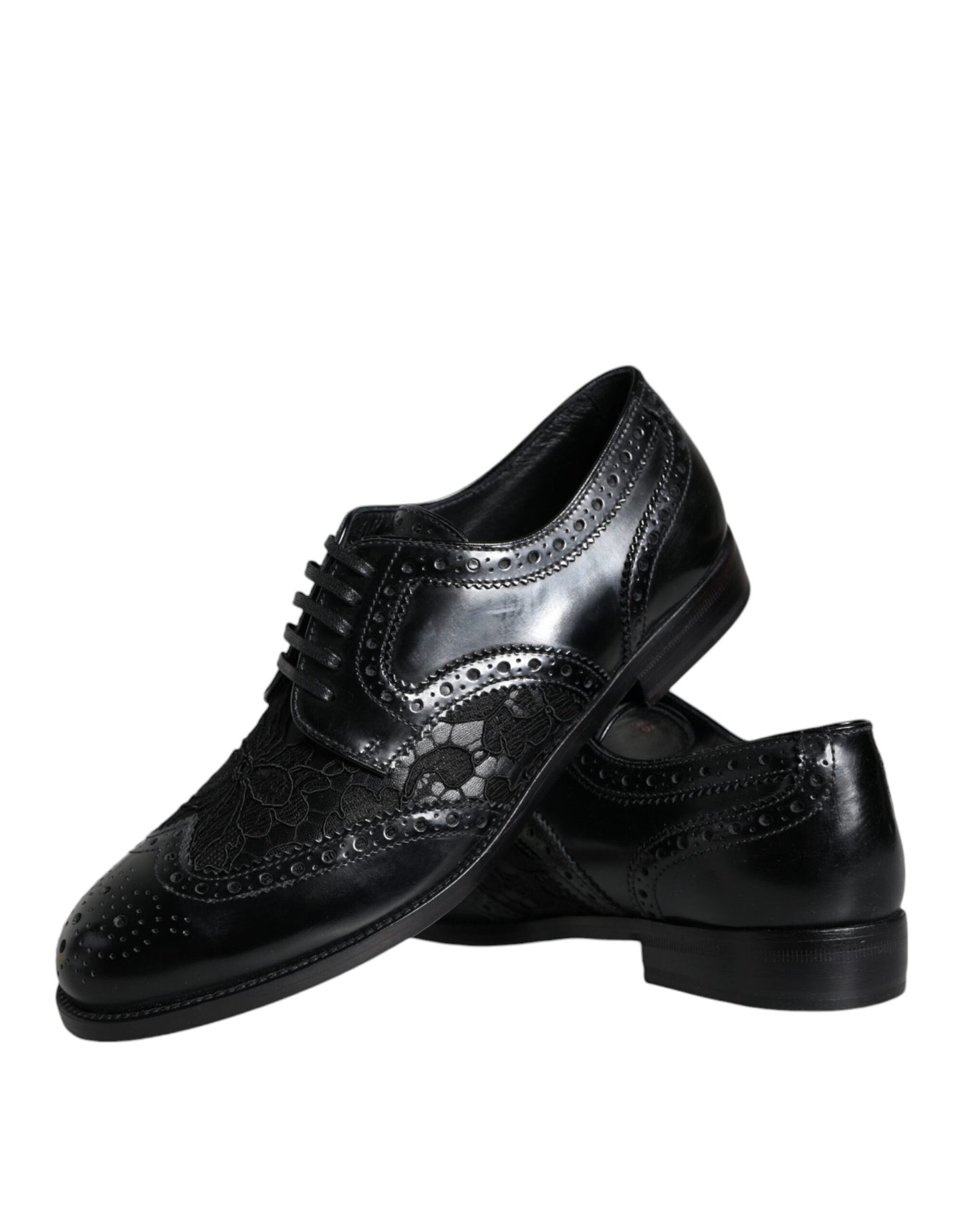 Dolce & Gabbana – Formelle Schuhe aus schwarzem Leder mit floraler Spitze