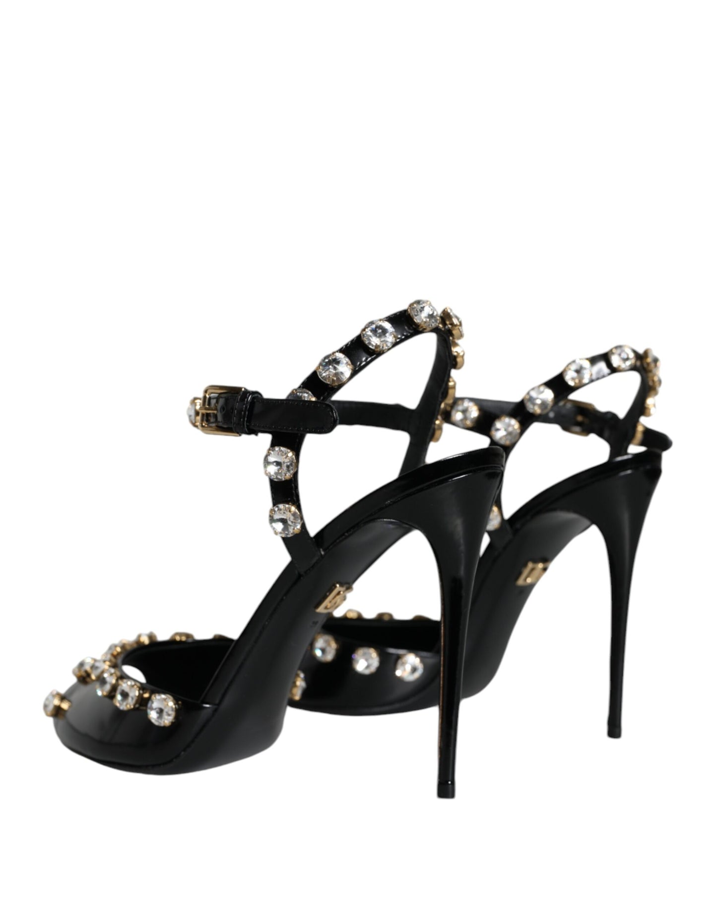 Dolce & Gabbana Schwarze Ledersandalen mit Knöchelriemen und Kristallen
