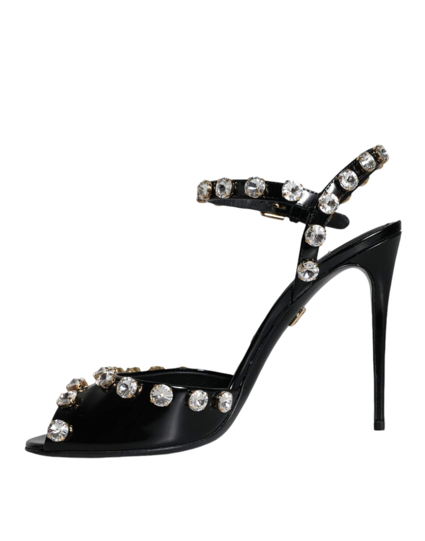 Dolce & Gabbana Schwarze Ledersandalen mit Knöchelriemen und Kristallen