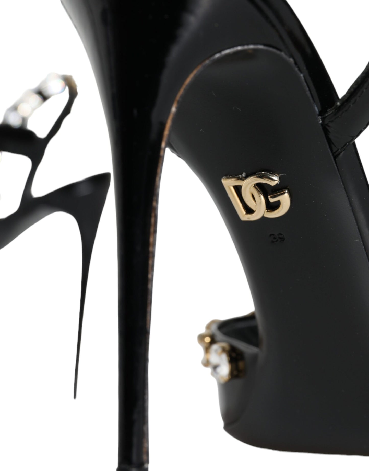 Dolce & Gabbana Schwarze Ledersandalen mit Knöchelriemen und Kristallen