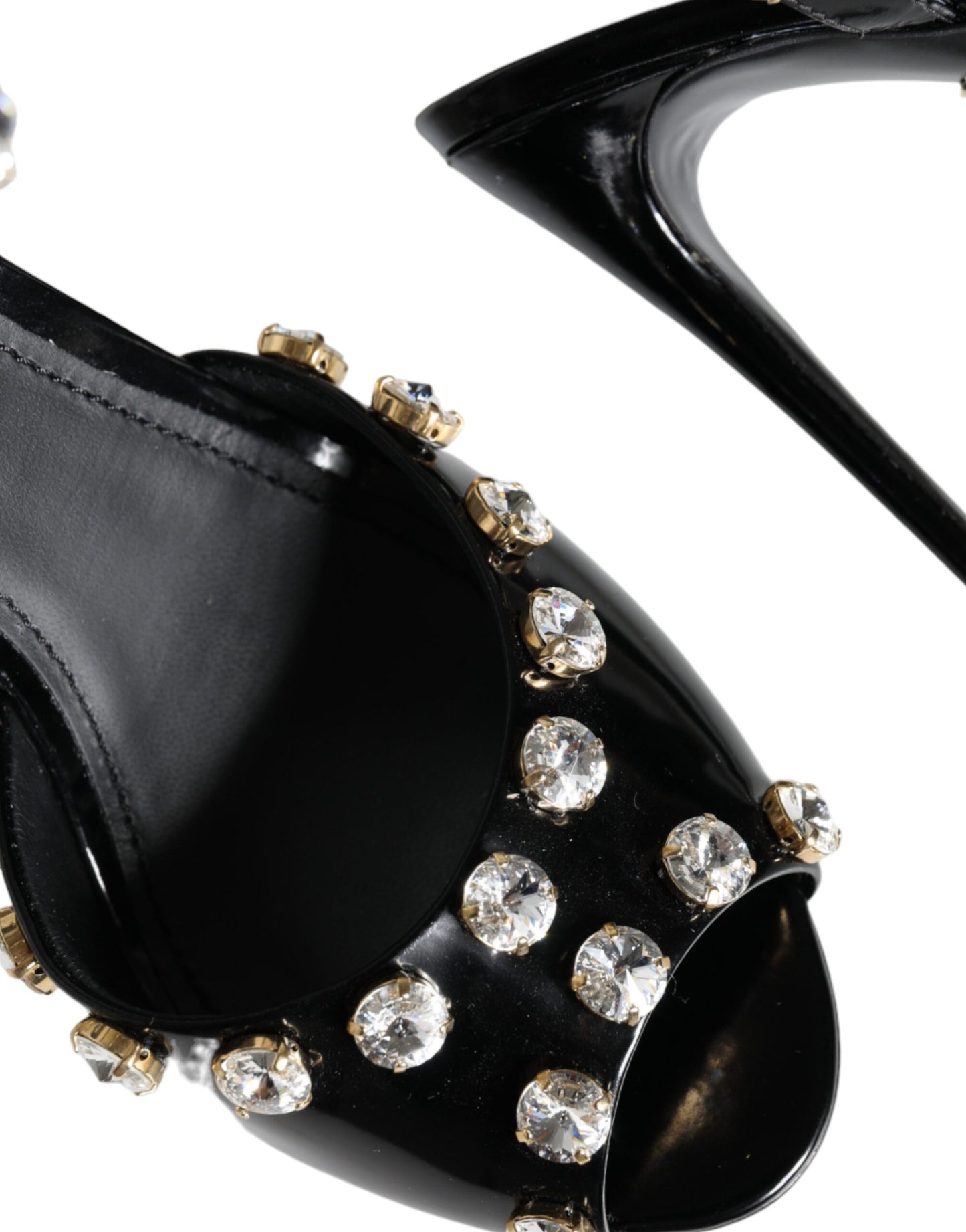Dolce & Gabbana Schwarze Ledersandalen mit Knöchelriemen und Kristallen