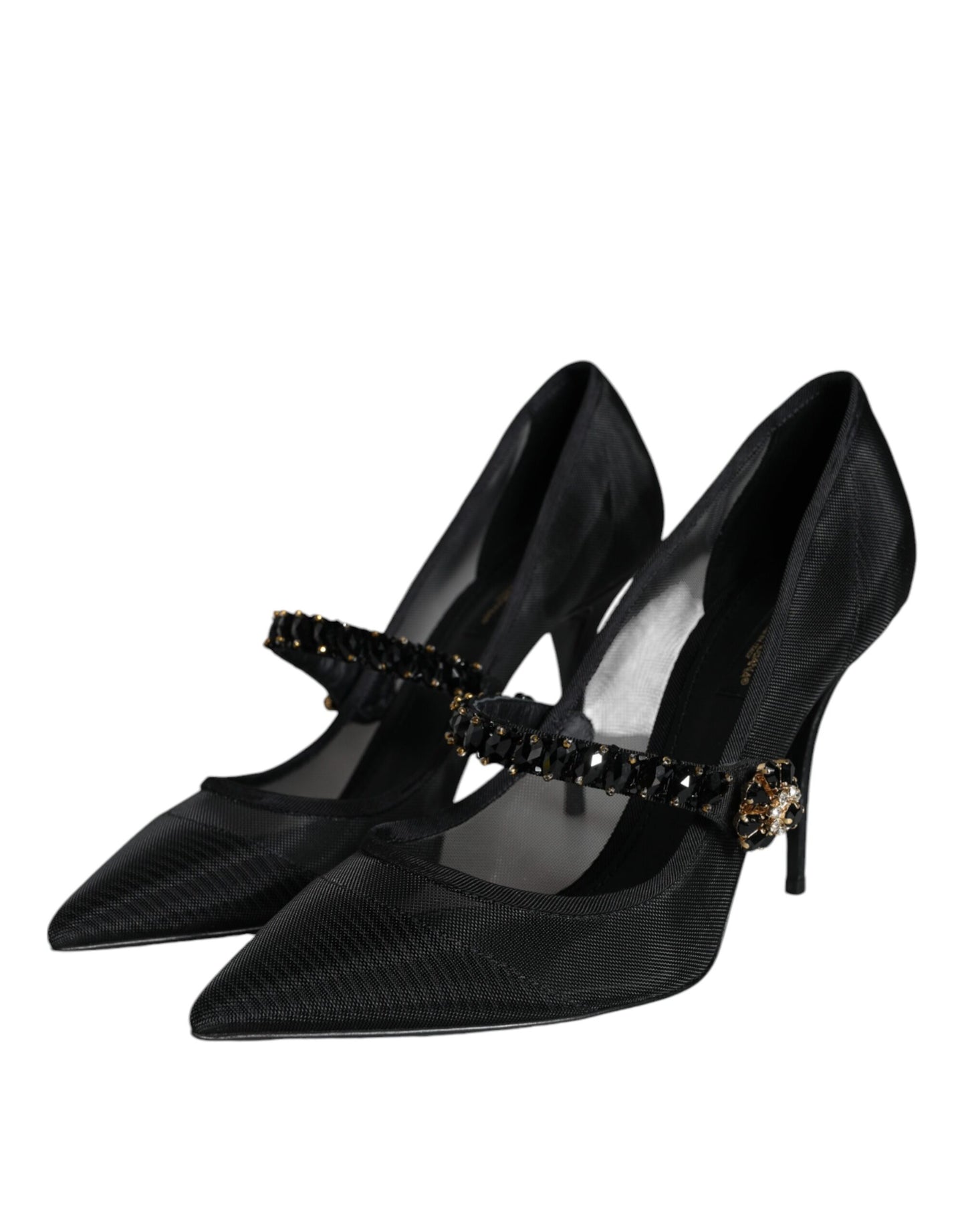Dolce & Gabbana – Schwarze Mary-Jane-Pumps aus Netzstoff mit Kristallabsatz