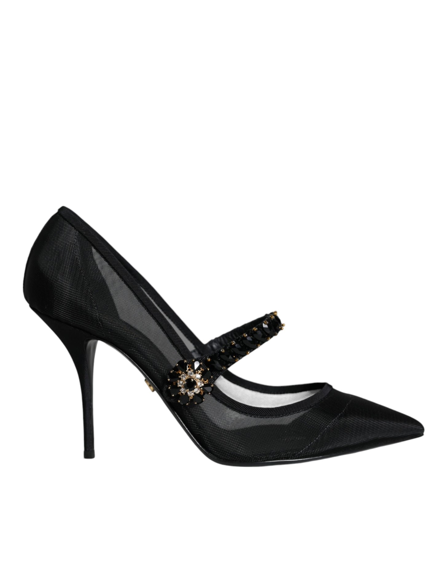 Dolce & Gabbana – Schwarze Mary-Jane-Pumps aus Netzstoff mit Kristallabsatz