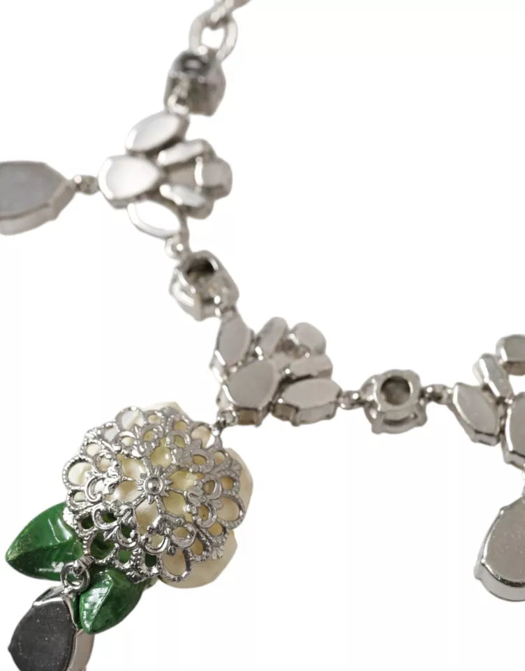 Dolce & Gabbana – Halskette mit Rosenanhänger aus silbernem Messing mit durchsichtigen Kristallen