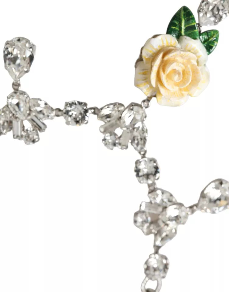 Dolce & Gabbana – Halskette mit Rosenanhänger aus silbernem Messing mit durchsichtigen Kristallen