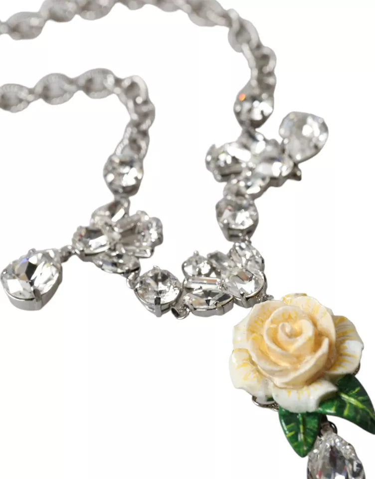 Dolce & Gabbana – Halskette mit Rosenanhänger aus silbernem Messing mit durchsichtigen Kristallen