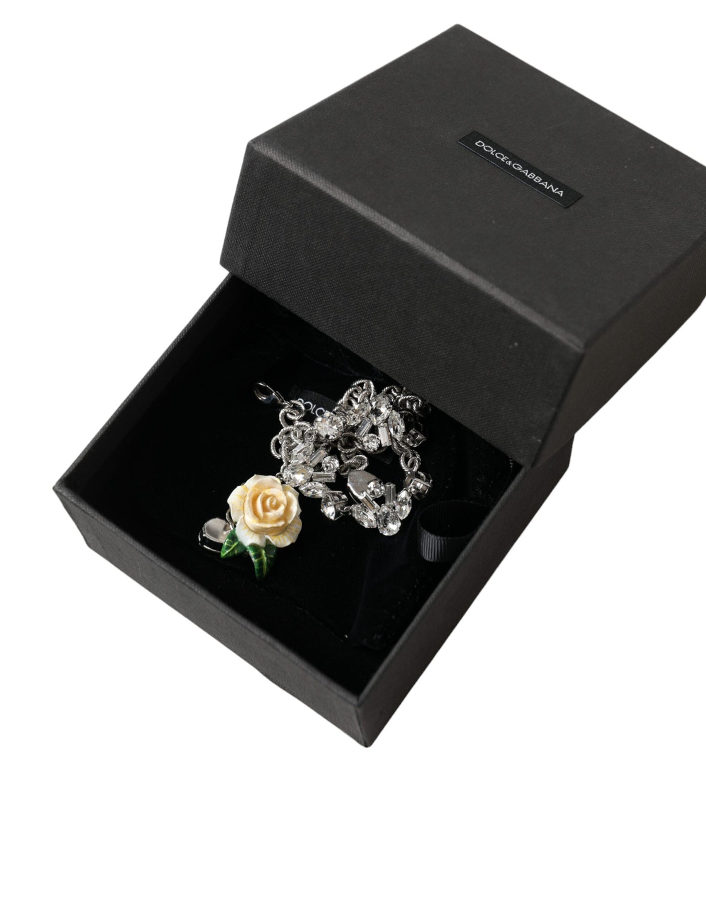 Dolce & Gabbana – Halskette mit Rosenanhänger aus silbernem Messing mit durchsichtigen Kristallen