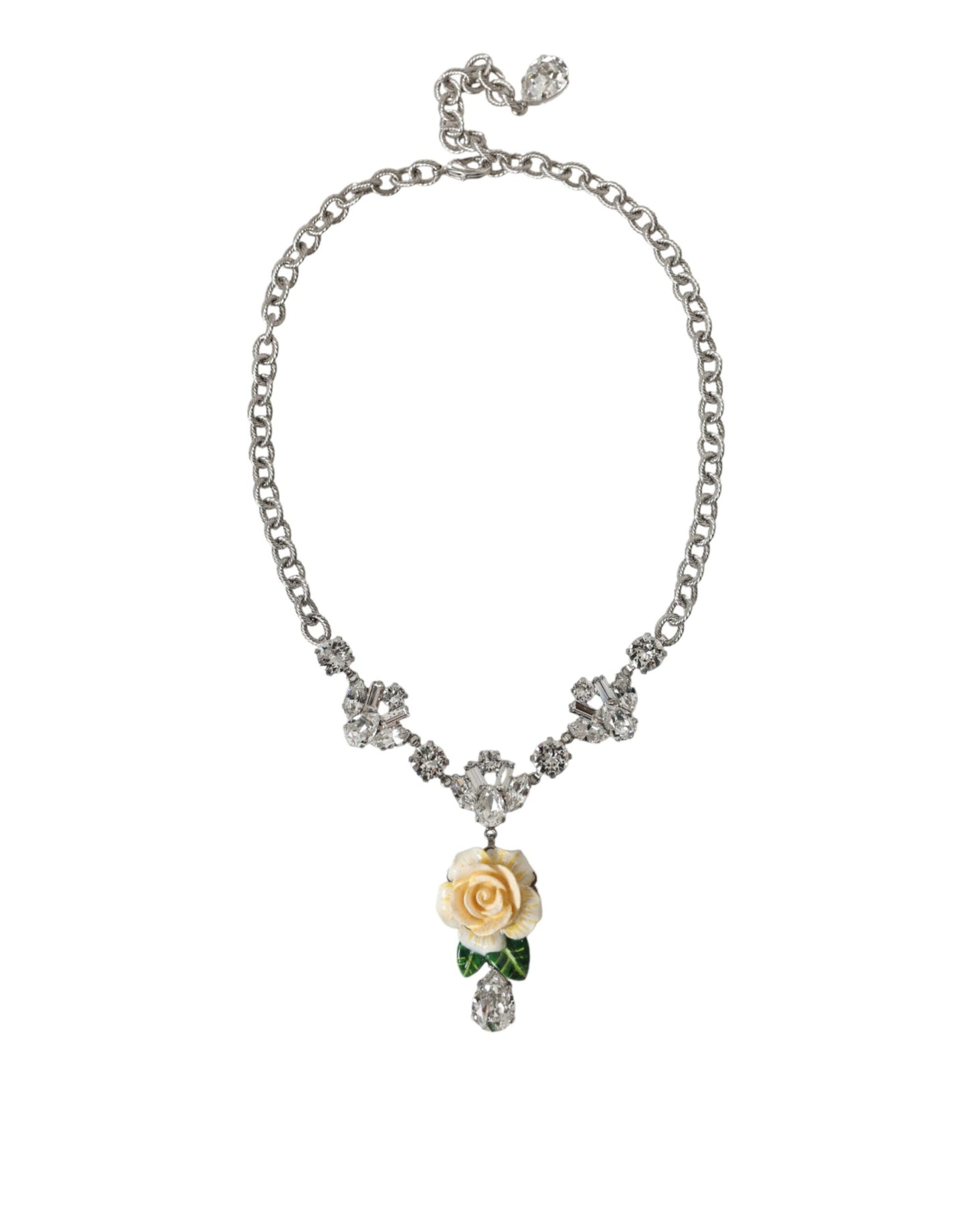 Dolce & Gabbana – Halskette mit Rosenanhänger aus silbernem Messing mit durchsichtigen Kristallen