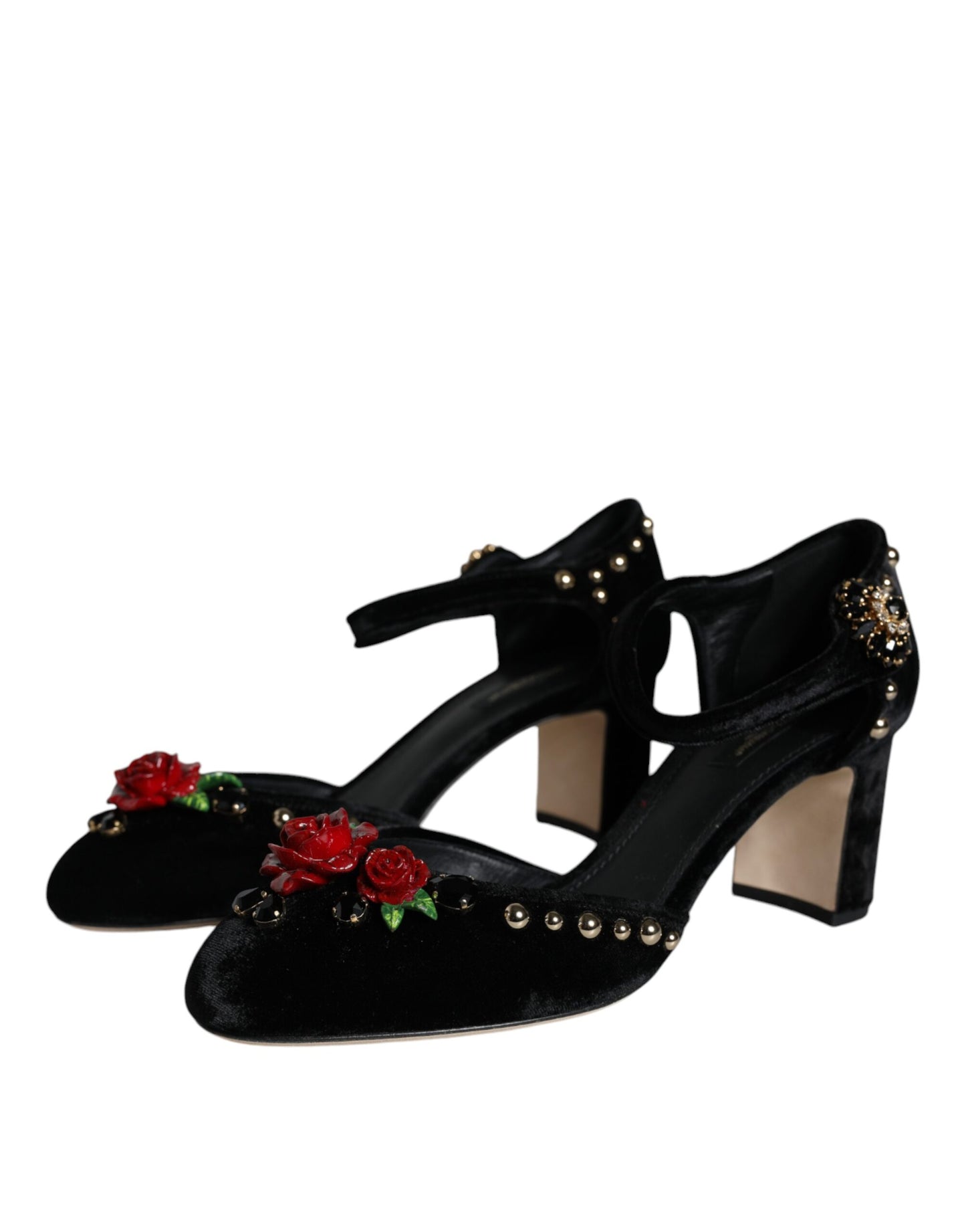 Dolce & Gabbana – Pumps mit Knöchelriemen und Rosenmuster in Schwarz aus Samt