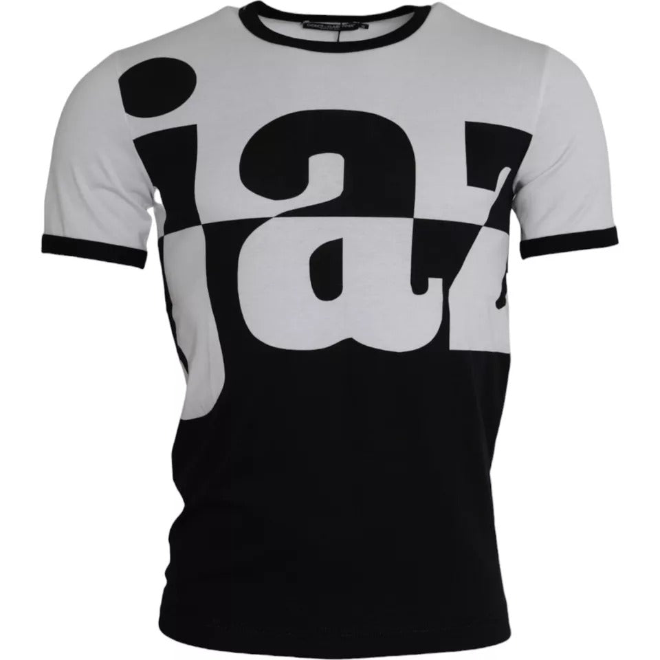 Dolce & Gabbana – Kurzärmliges Baumwoll-T-Shirt mit Jazz-Print in Schwarz und Weiß