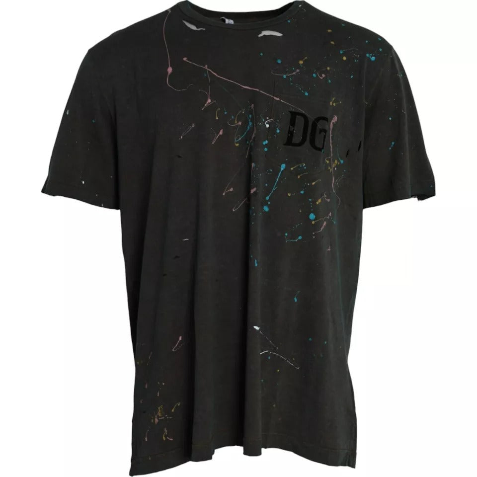 Dolce & Gabbana Graues T-Shirt aus Baumwolle mit Farbspritzern und Rundhalsausschnitt