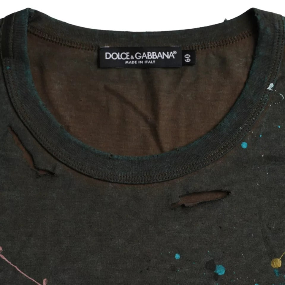 Dolce & Gabbana Graues T-Shirt aus Baumwolle mit Farbspritzern und Rundhalsausschnitt