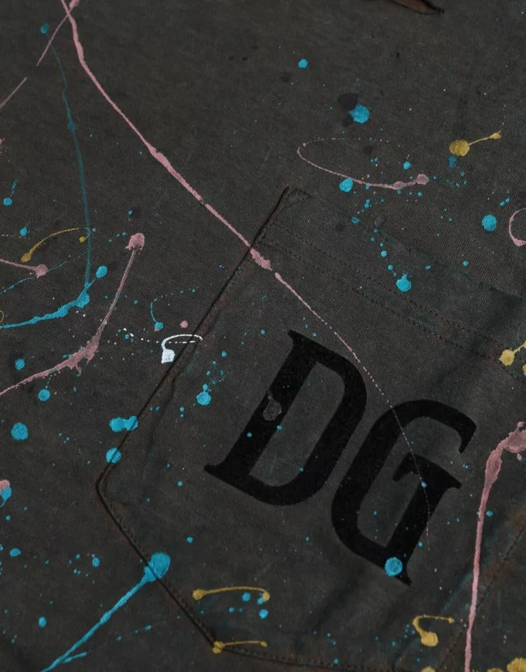 Dolce & Gabbana Graues T-Shirt aus Baumwolle mit Farbspritzern und Rundhalsausschnitt