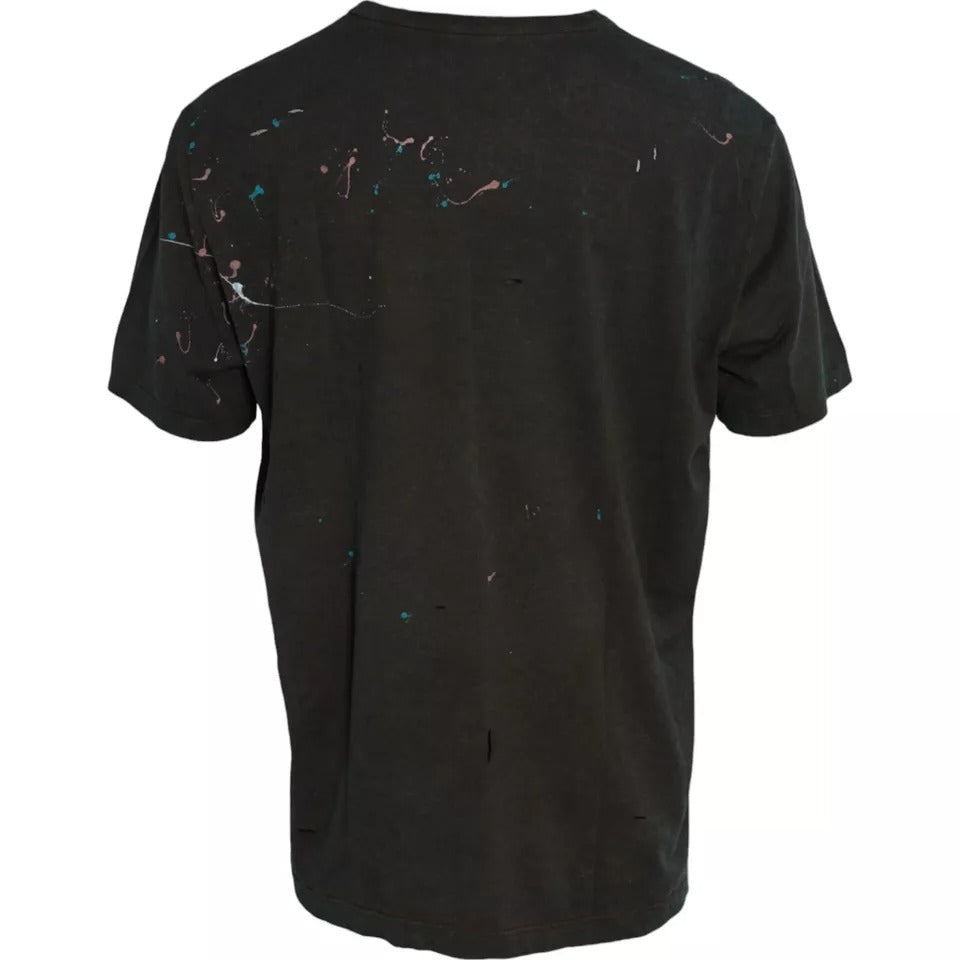 Dolce & Gabbana Graues T-Shirt aus Baumwolle mit Farbspritzern und Rundhalsausschnitt