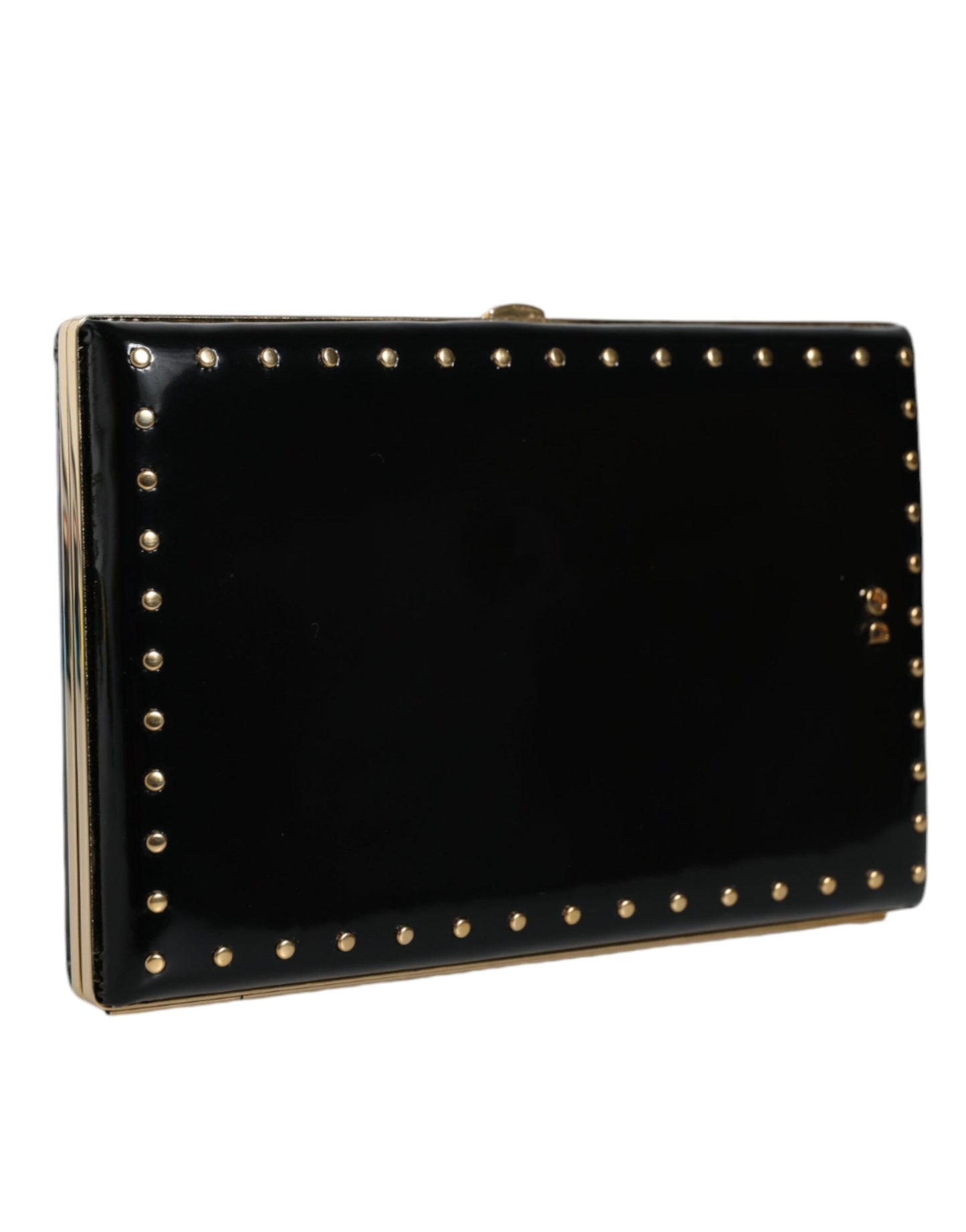 Dolce & Gabbana – Clutch mit goldenem Rahmen und Nieten aus schwarzem Leder, Abendtasche