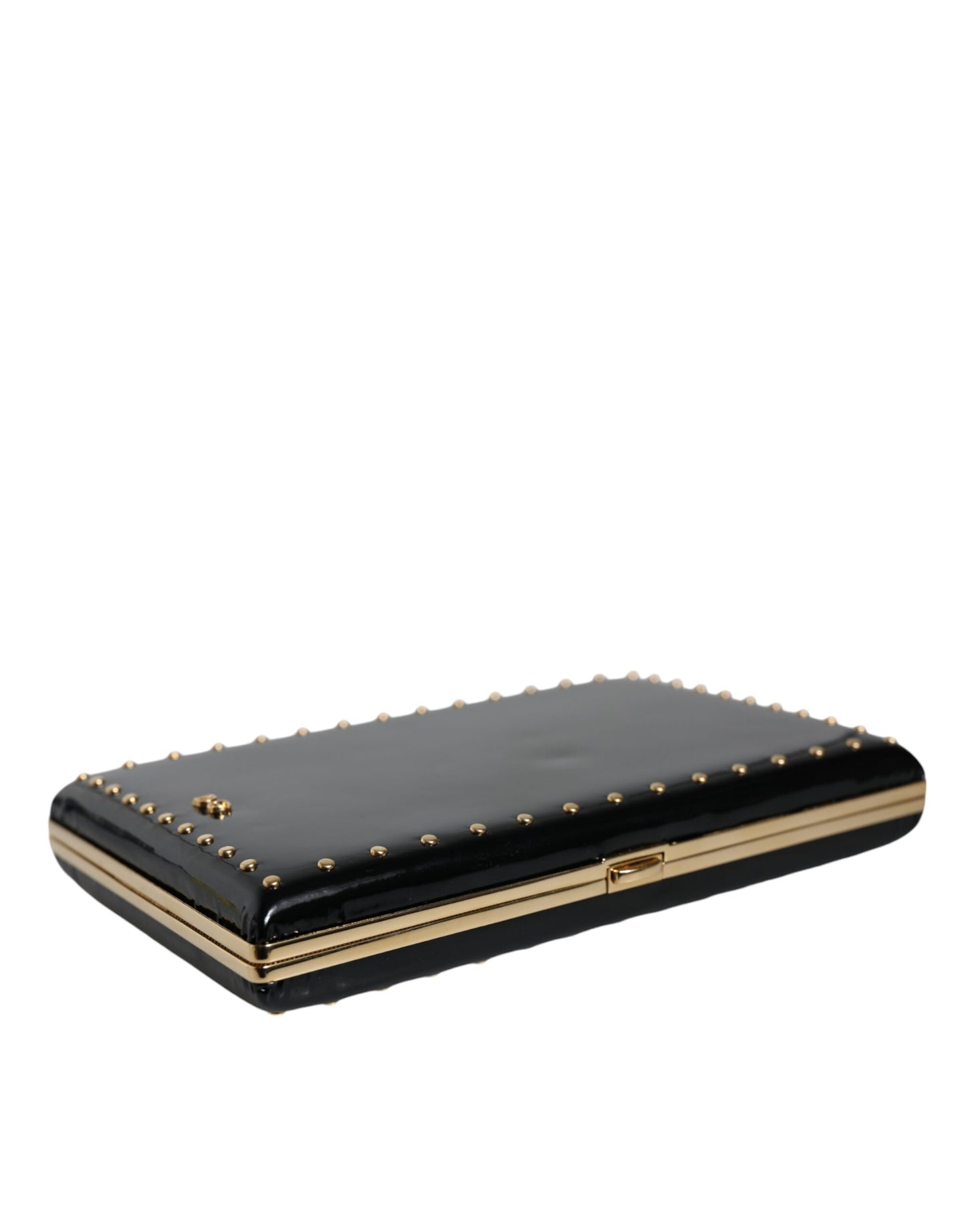 Dolce & Gabbana – Clutch mit goldenem Rahmen und Nieten aus schwarzem Leder, Abendtasche
