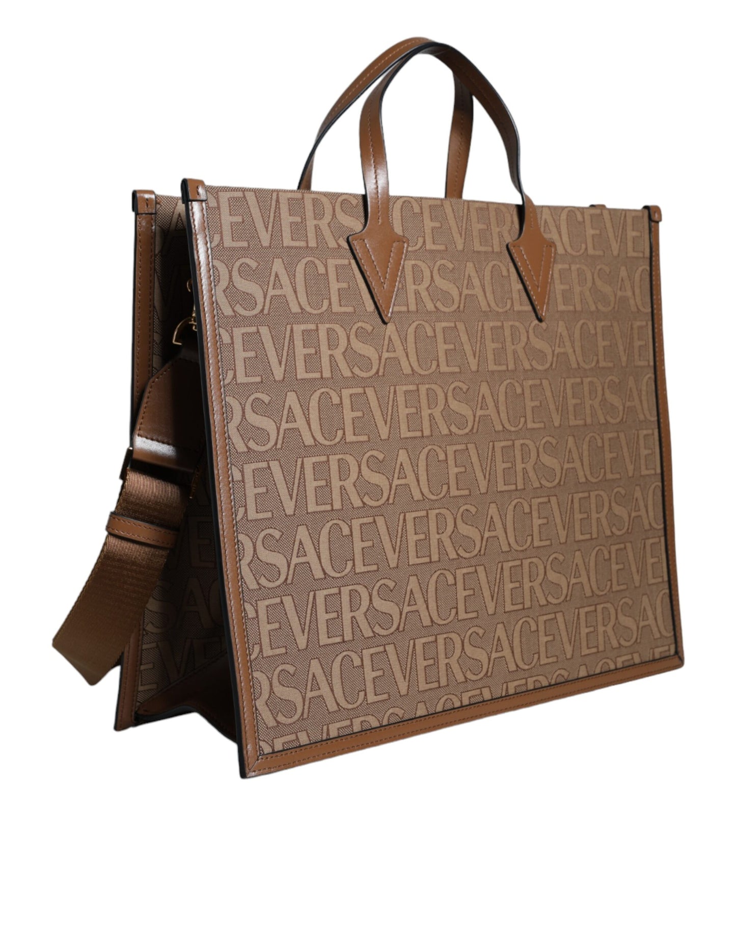 Versace – Braune Umhängetasche aus Jacquard-Leder mit Logo und Henkel