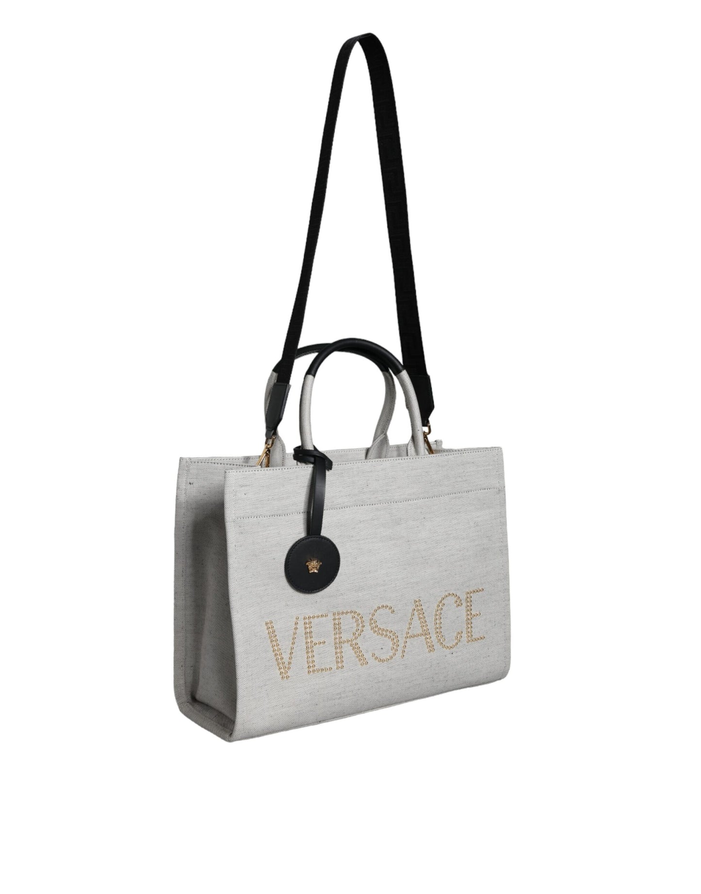 Versace – Weiße Umhängetasche aus Canvas und Leder mit Logo am oberen Griff