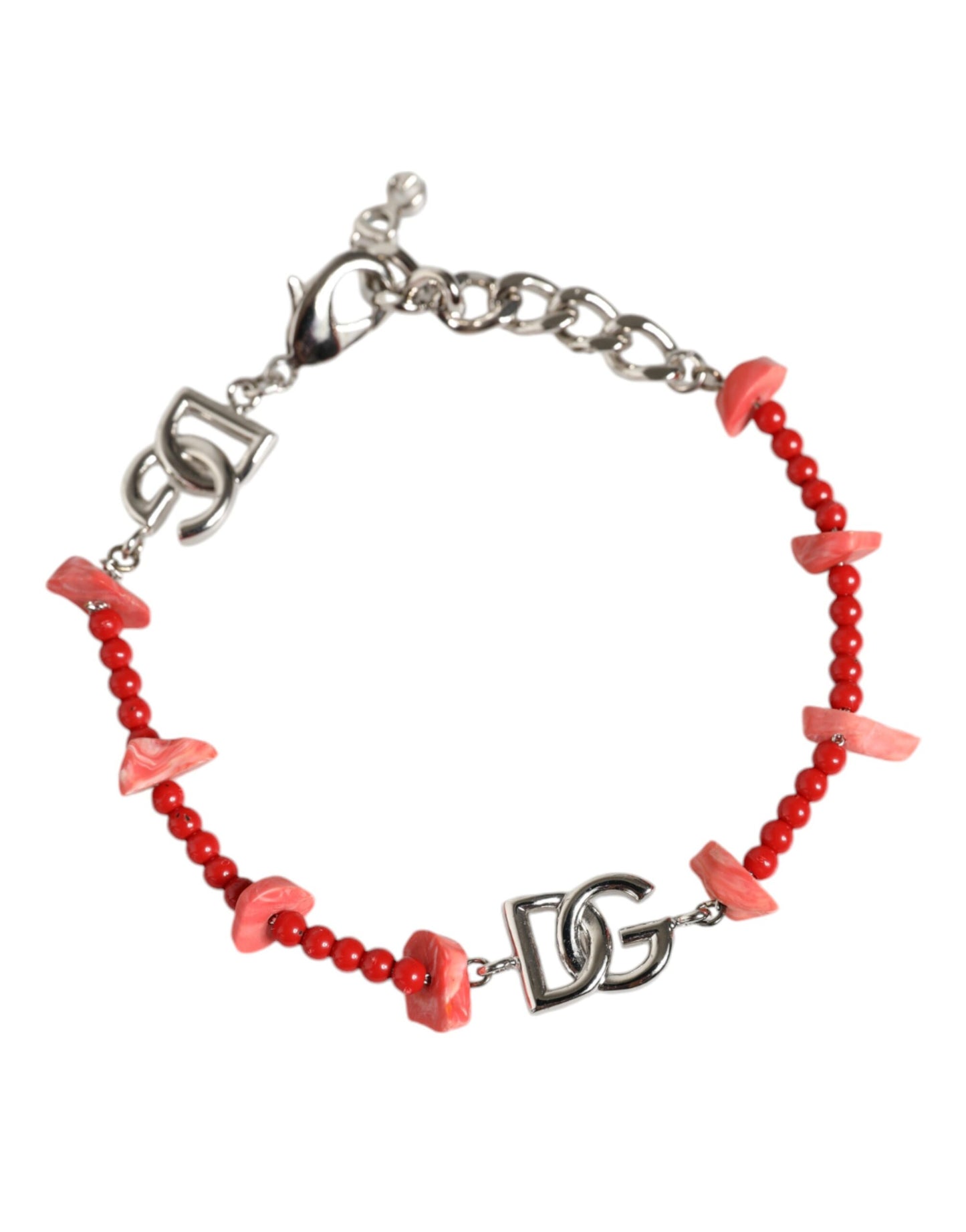 Dolce & Gabbana – Silberfarbenes Kettenarmband mit DG-Logo aus Messing und Harzperlen