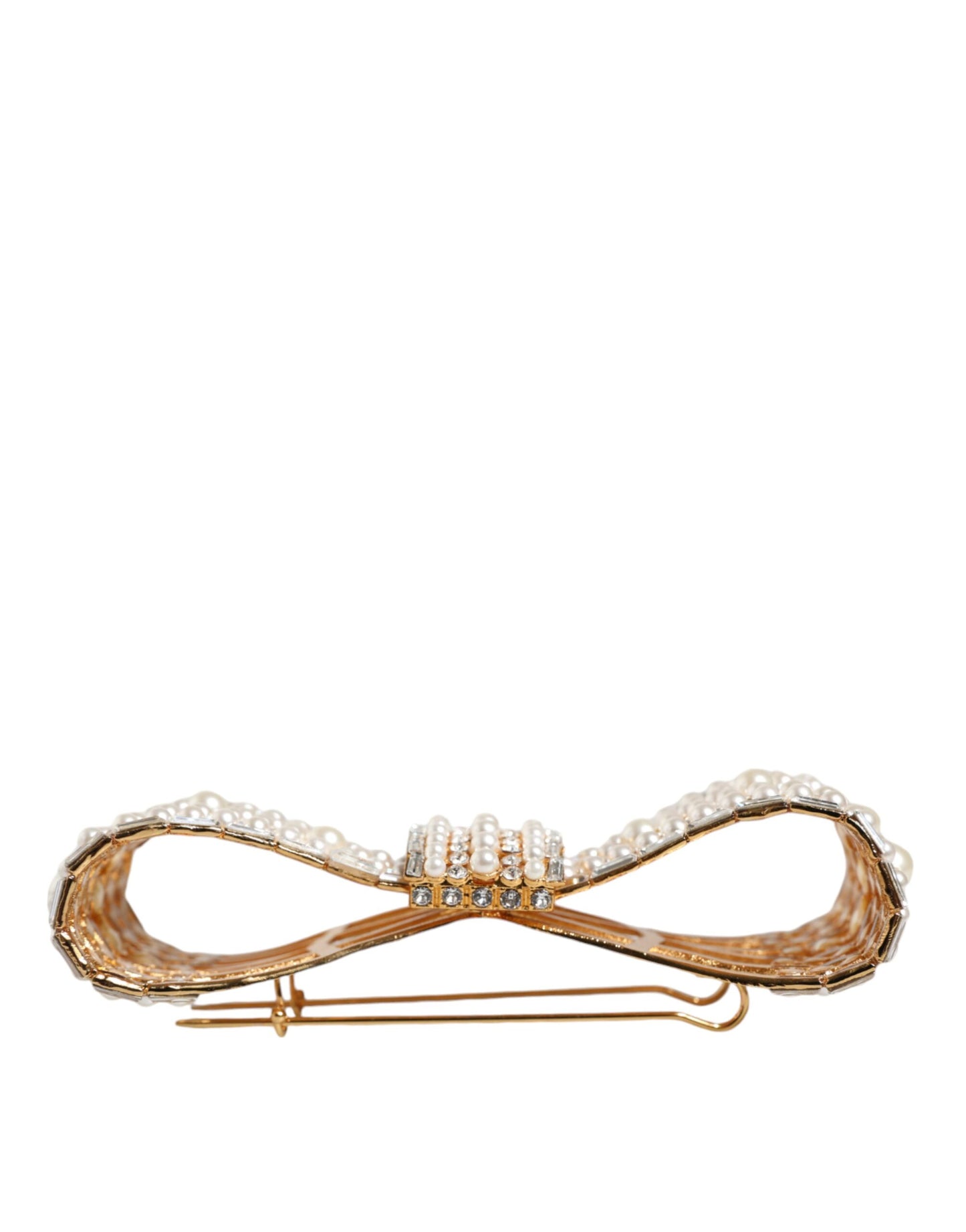 Dolce & Gabbana – Brosche aus goldfarbenem Messing mit Schleife und Kristall-Kunstperlenverzierung