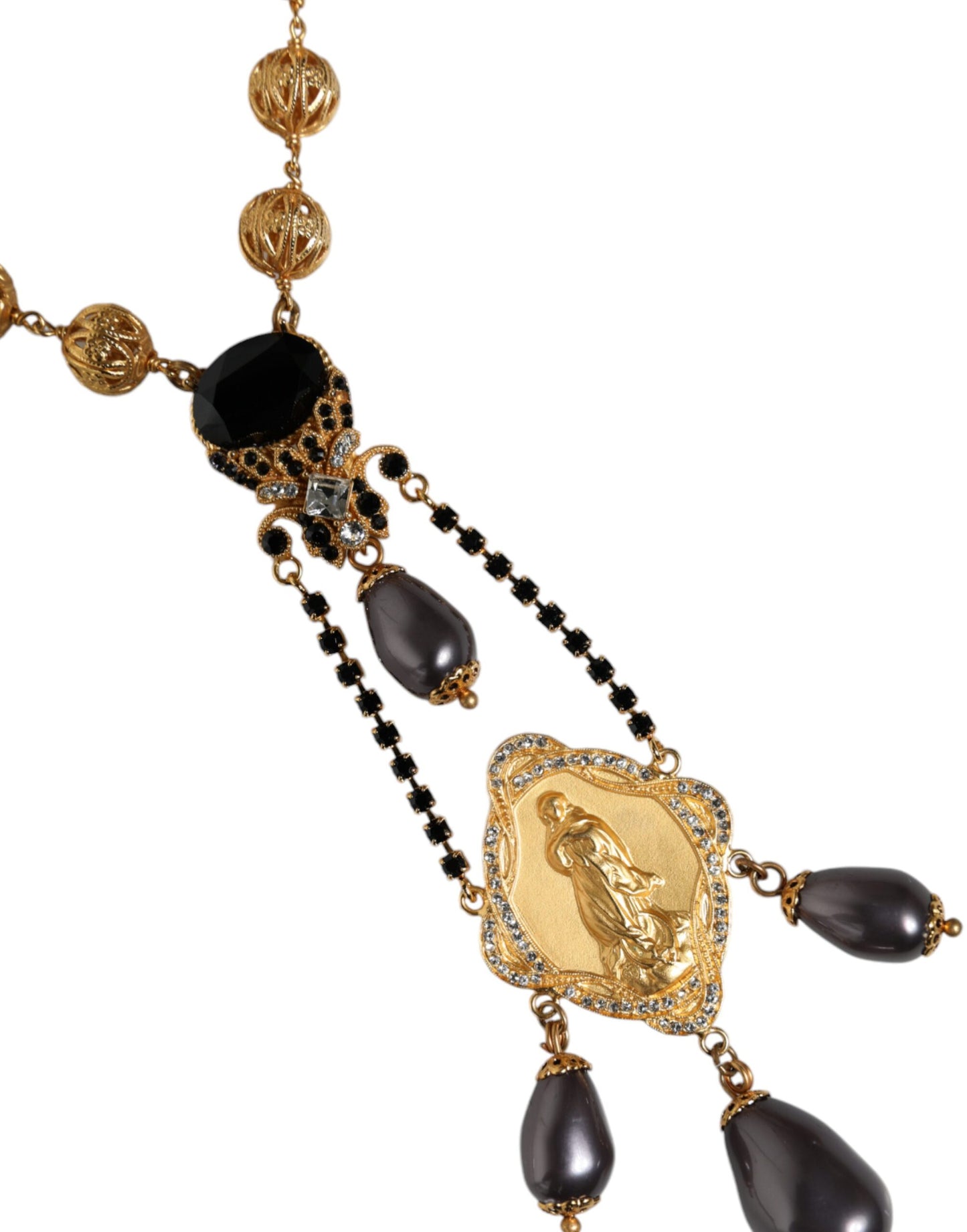 Dolce & Gabbana – Halskette im Rosenkranzstil mit goldener Kette und schwarzen Perlen aus Messing