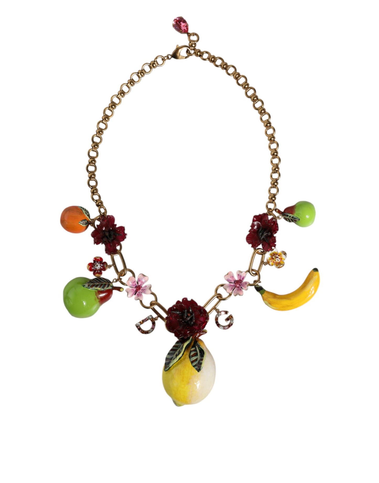 Dolce & Gabbana Halskette mit Fruchtanhängern und Blumen und Kristalllogo aus goldenem Messing