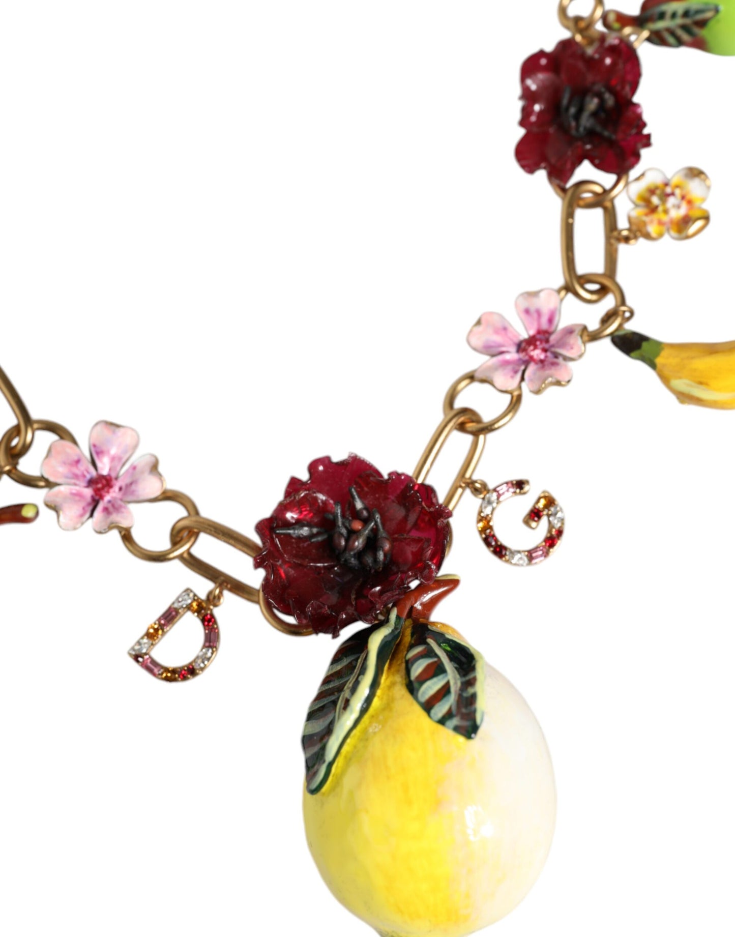 Dolce & Gabbana Halskette mit Fruchtanhängern und Blumen und Kristalllogo aus goldenem Messing
