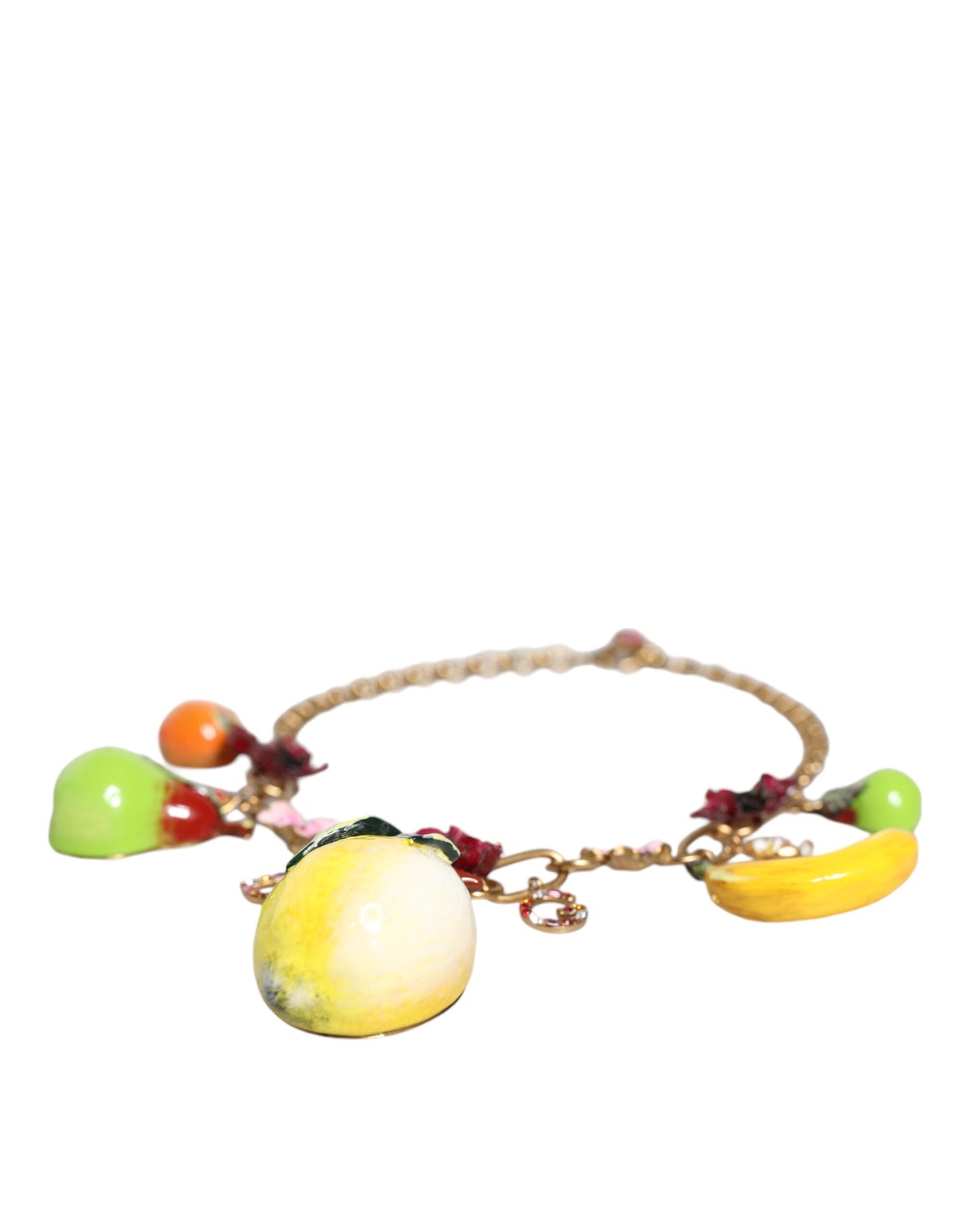 Dolce & Gabbana Halskette mit Fruchtanhängern und Blumen und Kristalllogo aus goldenem Messing