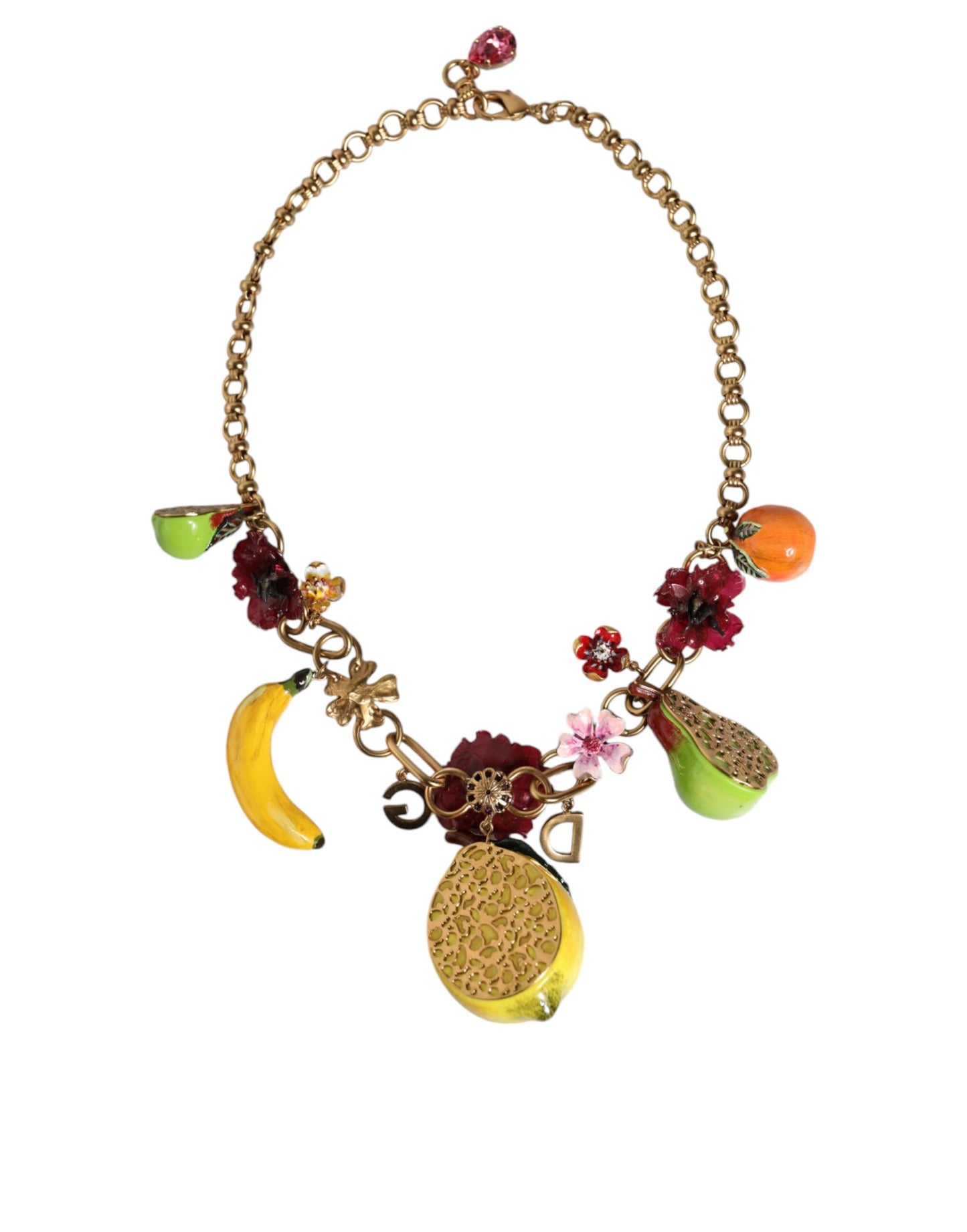 Dolce & Gabbana Halskette mit Fruchtanhängern und Blumen und Kristalllogo aus goldenem Messing