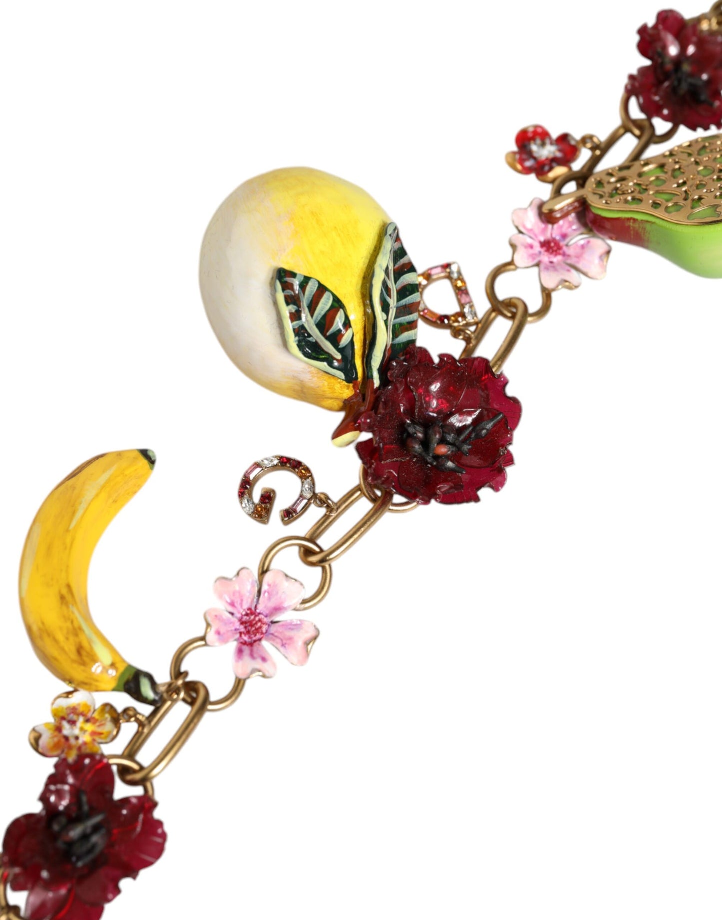 Dolce & Gabbana Halskette mit Fruchtanhängern und Blumen und Kristalllogo aus goldenem Messing