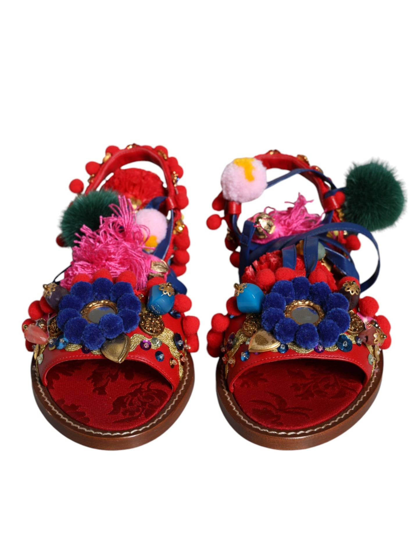 Dolce & Gabbana – Sandalen mit Fellwickel in Mehrfarbig mit Pom-Pom-Muster