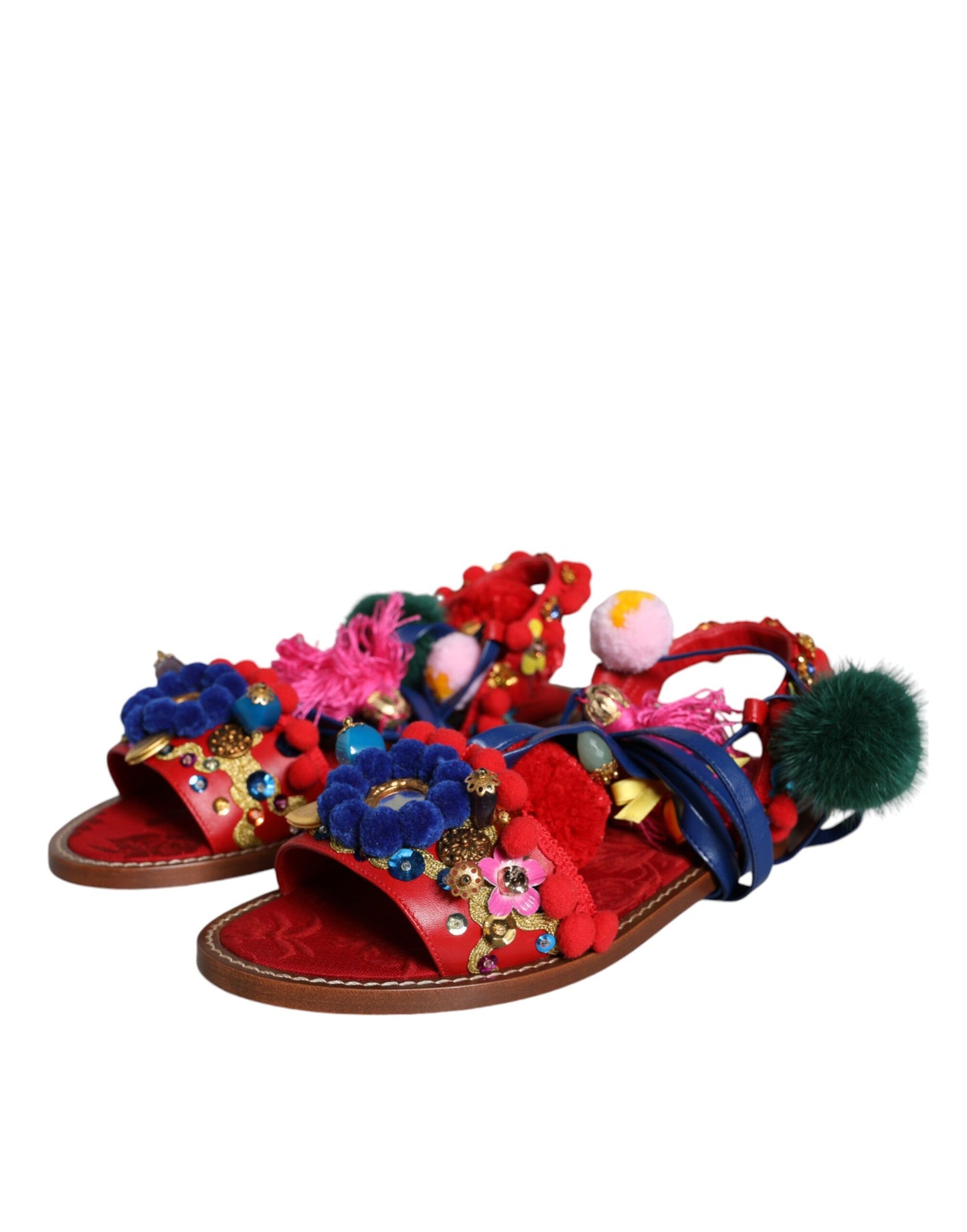 Dolce & Gabbana – Sandalen mit Fellwickel in Mehrfarbig mit Pom-Pom-Muster