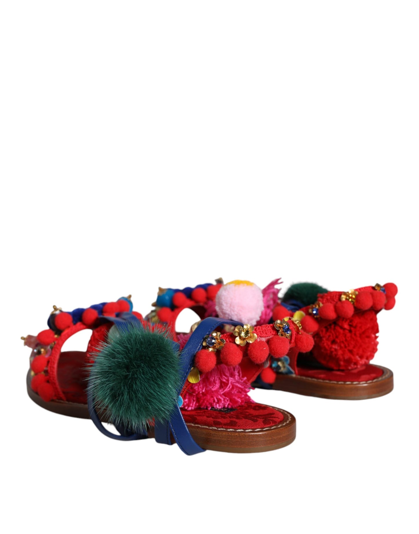 Dolce & Gabbana – Sandalen mit Fellwickel in Mehrfarbig mit Pom-Pom-Muster