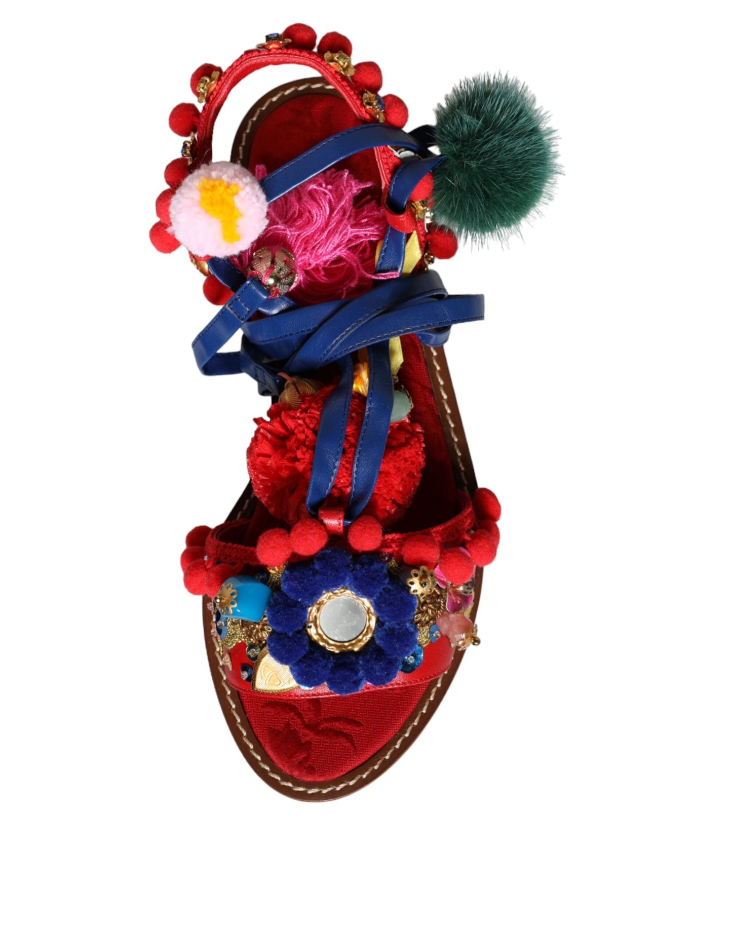 Dolce & Gabbana – Sandalen mit Fellwickel in Mehrfarbig mit Pom-Pom-Muster