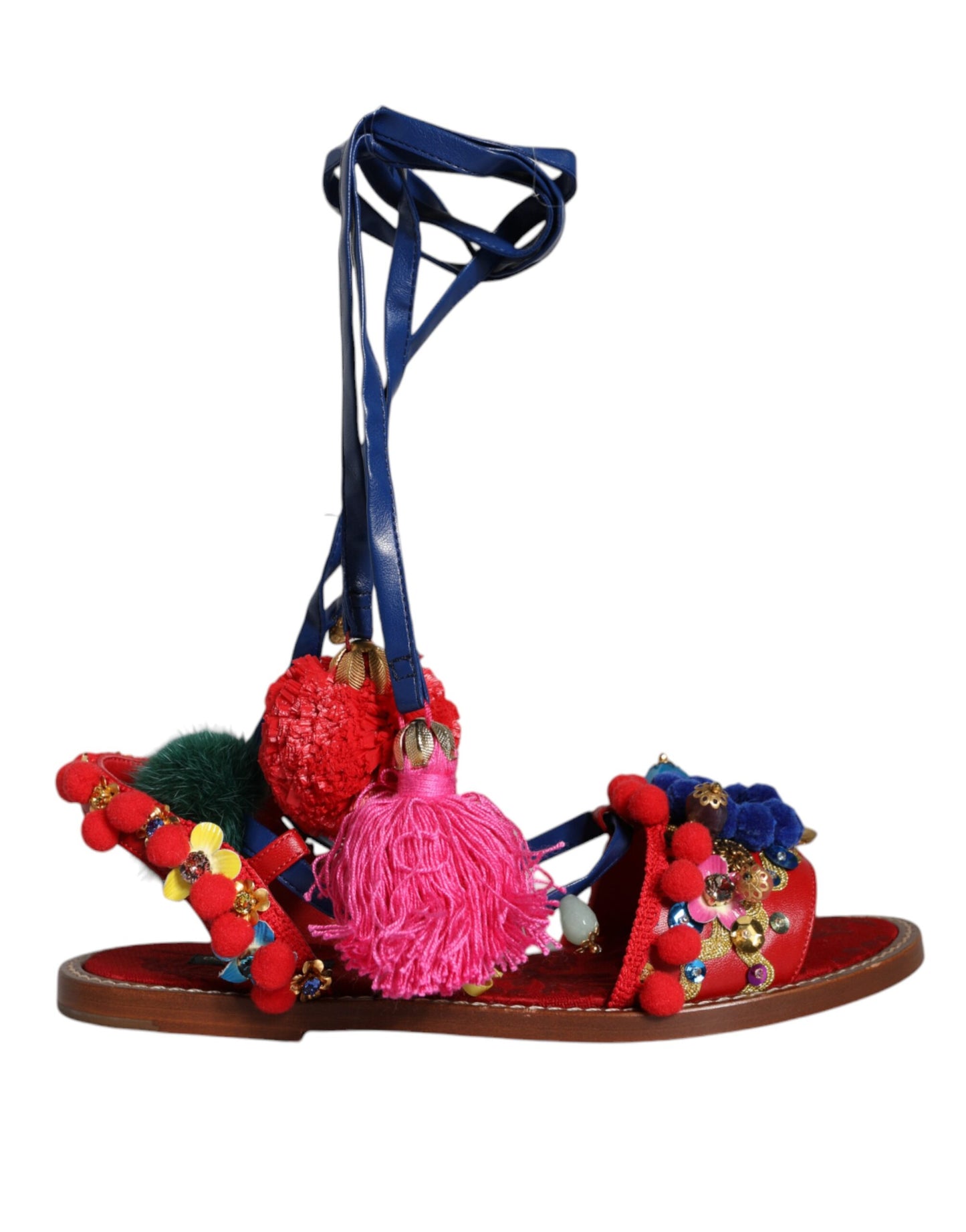 Dolce & Gabbana – Sandalen mit Fellwickel in Mehrfarbig mit Pom-Pom-Muster