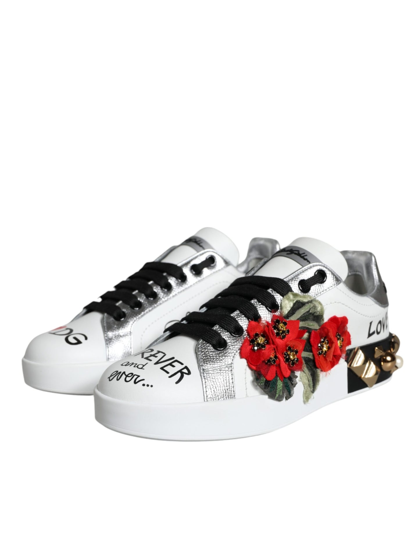 Dolce & Gabbana – Weiße Sneakers aus Leder mit Blumen- und Nietenbesatz