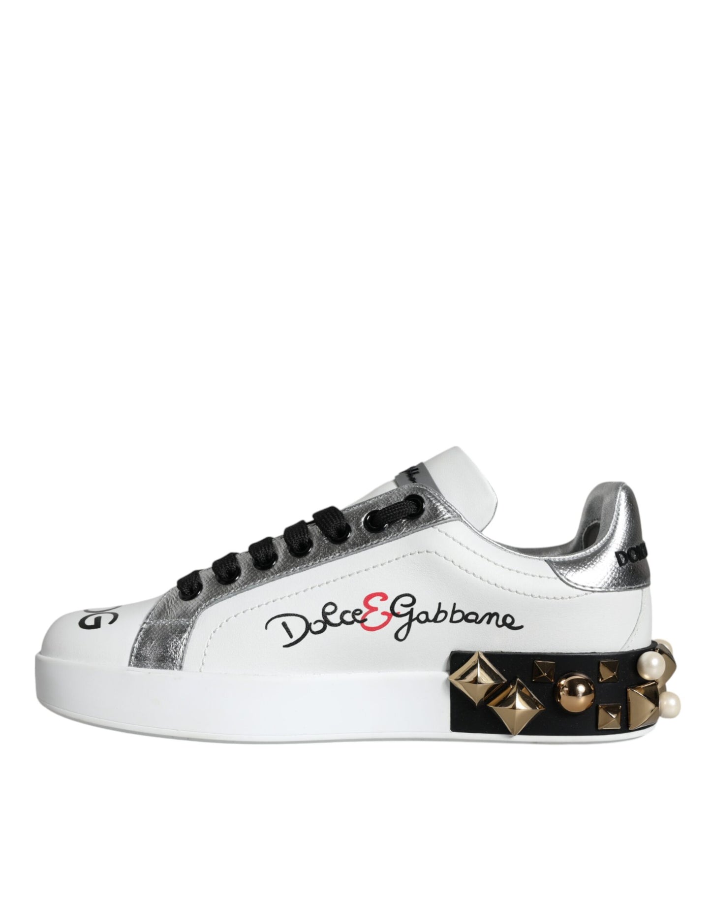 Dolce & Gabbana – Weiße Sneakers aus Leder mit Blumen- und Nietenbesatz