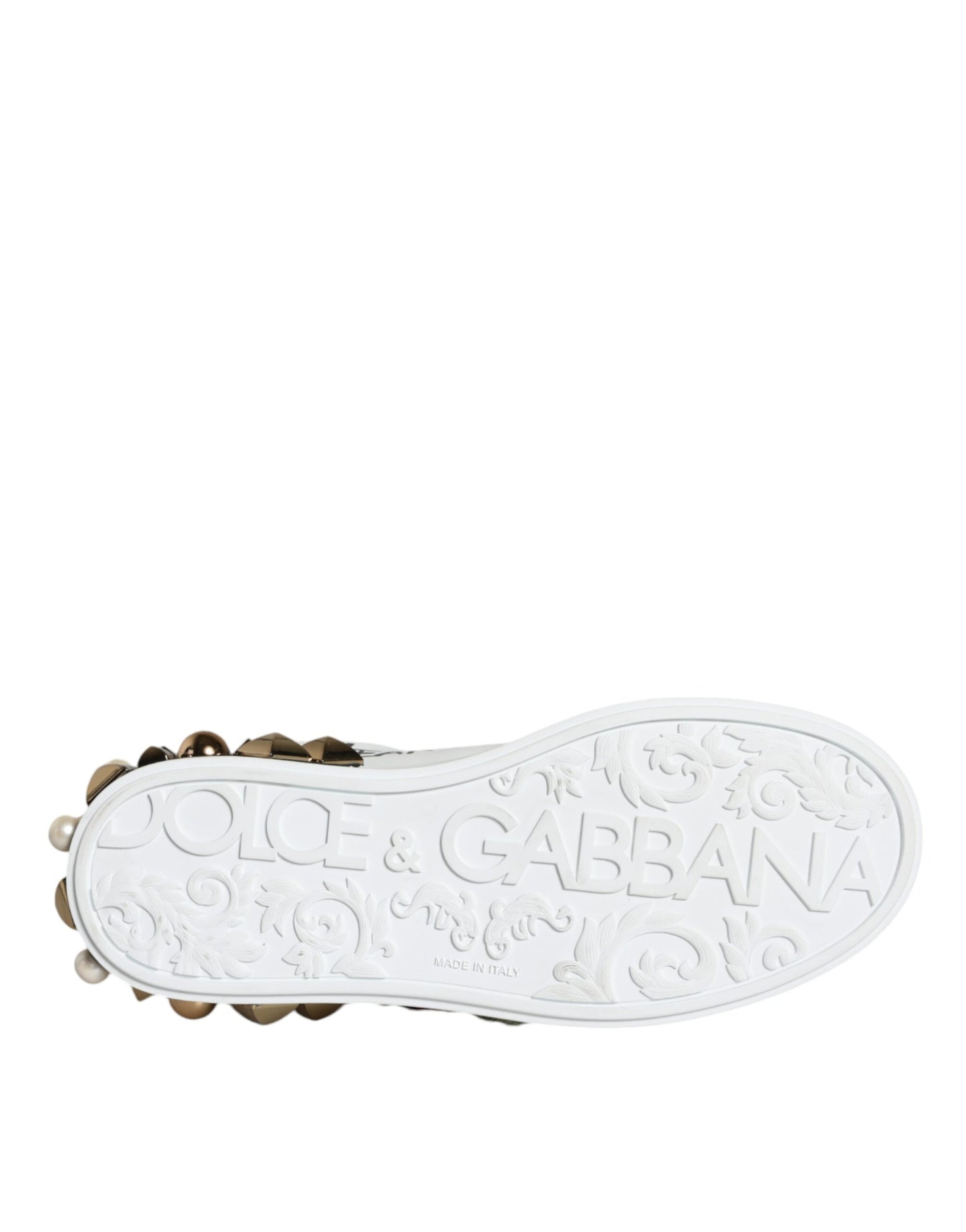 Dolce & Gabbana – Weiße Sneakers aus Leder mit Blumen- und Nietenbesatz